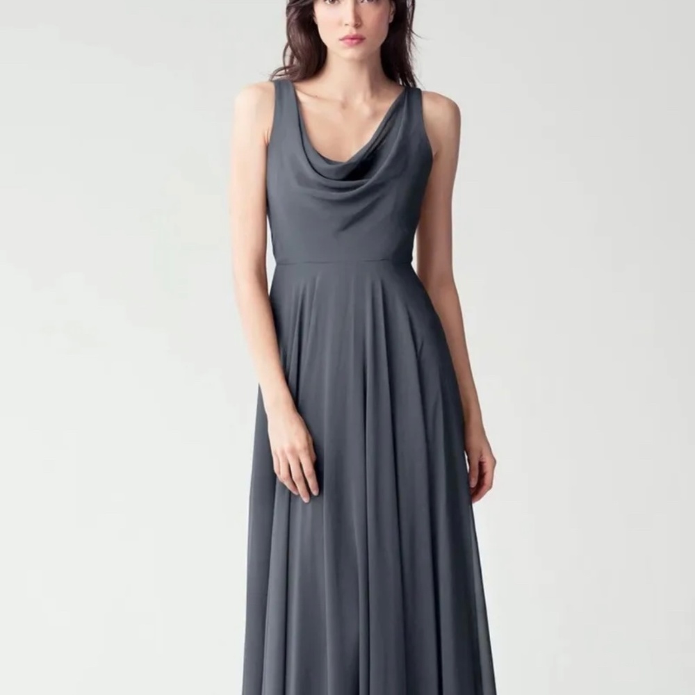 NEW Jenny Yoo Liana Dress in Storm - blue grey navy luxe chiffon bridesmaid US 8